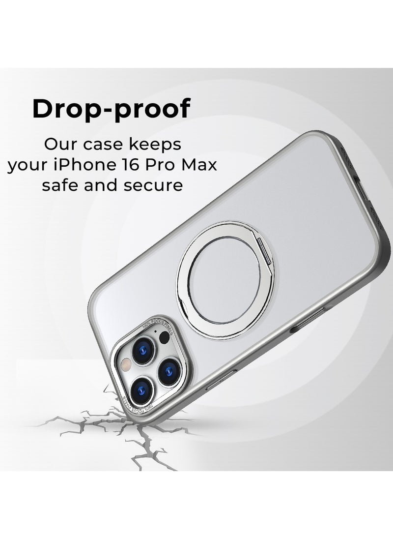 glassology - iPhone 16 Pro Max 360° Rotate Ring Stand MagSafe Case Shockproof Wireless Charging Compatible Adjustable Kickstand (Grey) - Image 1