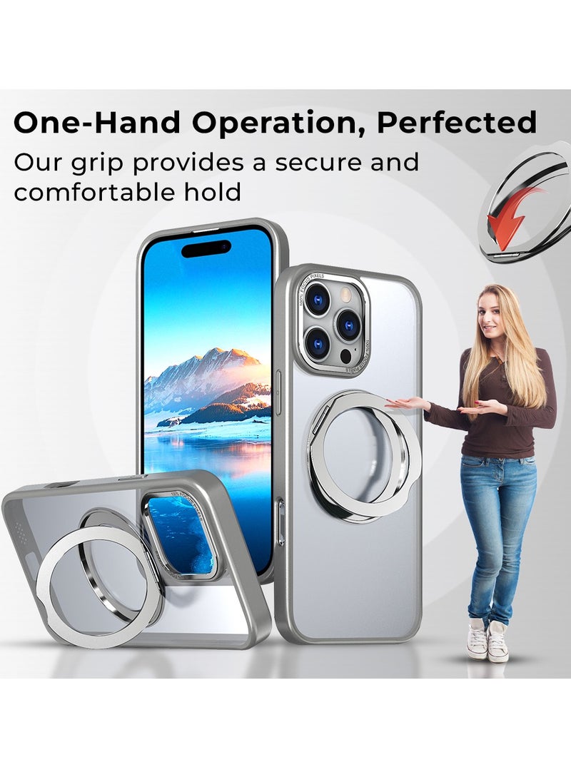 glassology - iPhone 16 Pro Max 360° Rotate Ring Stand MagSafe Case Shockproof Wireless Charging Compatible Adjustable Kickstand (Grey) - Image 1