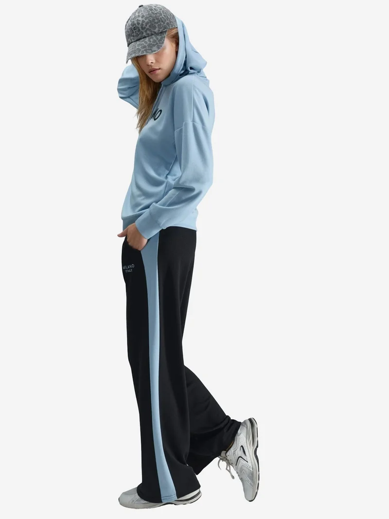 Hiccup Baby Blue Modal Touch Hooded Embroidered Long Wide Leg Two-Piece Co-ord Set Bersan Collection for Women | Best Price UAE