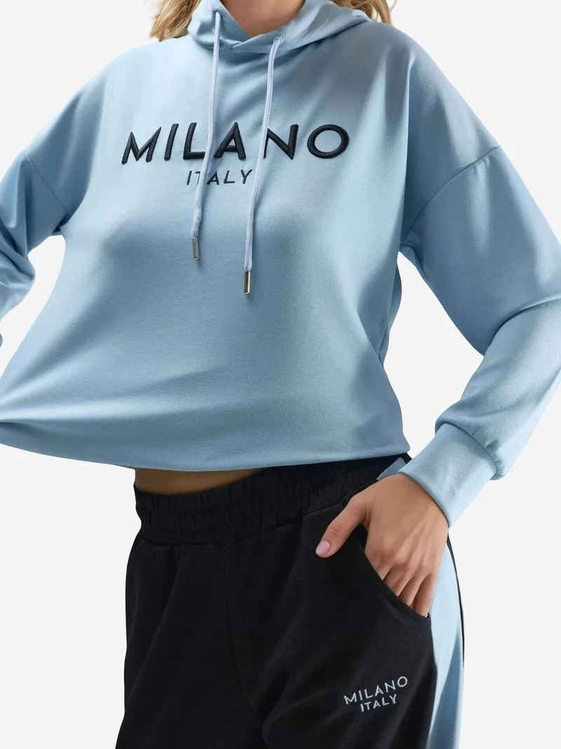 Hiccup Baby Blue Modal Touch Hooded Embroidered Long Wide Leg Two-Piece Co-ord Set Bersan Collection for Women | Best Price UAE