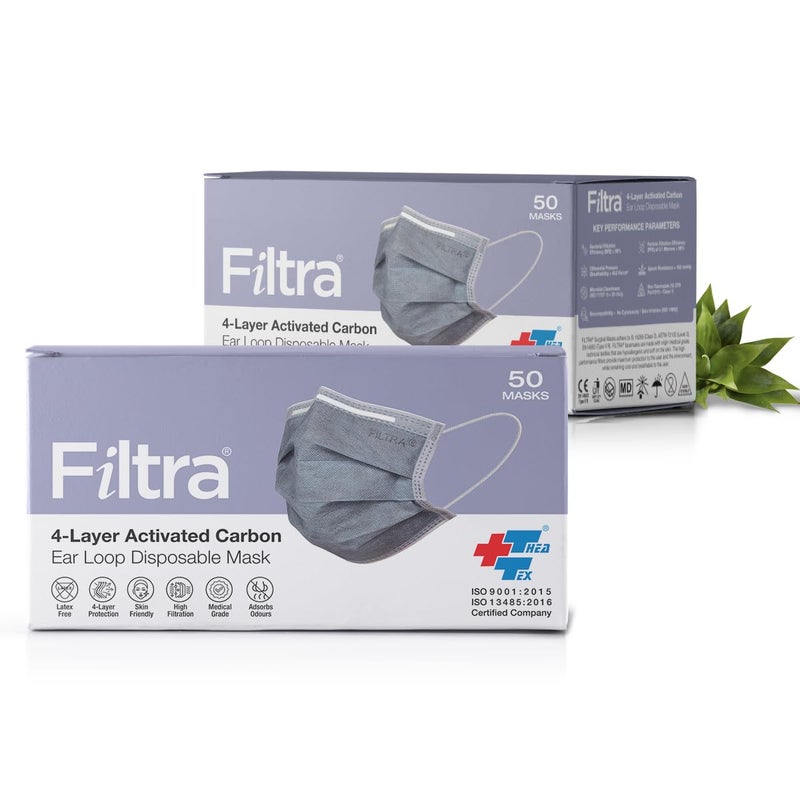 Filtra ® 4-Ply Ear Loop Activated Carbon Mask - High Filtration | Breathable | Adsorbs Smells | Hypoallergenic | Fluid Repellent | Improved & Enhanced Courier Packing - Image 2