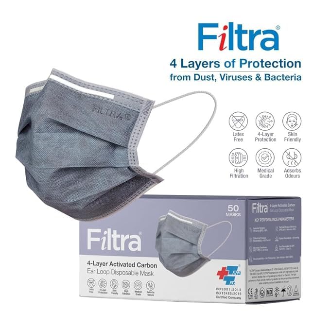 Filtra ® 4-Ply Ear Loop Activated Carbon Mask - High Filtration | Breathable | Adsorbs Smells | Hypoallergenic | Fluid Repellent | Improved & Enhanced Courier Packing - Image 4