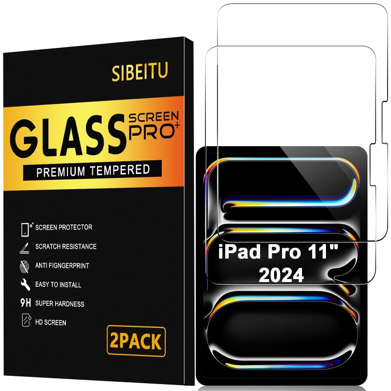 SIBEITU 2 Pack Screen Protector for iPad Pro 11 Inch 2025/2024 M5 M4 (6th/5th Generation), 11 Inch 9H Hardness Tempered Glass Film, Scratch Resistant, Case Friendly, Apple Pencil Support, HD Clarity - Image 1