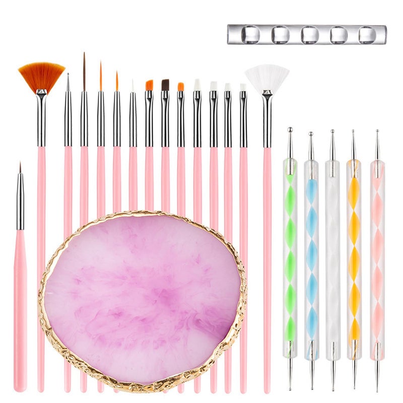 HomTop Nail Art Tools 22-piece Set, Resin Nail Art Palette, 2-way Acrylic Silicone Engraving Pen Dotting Pen Tools Nail Art Kit for Nail Art DIY Home Salon Makeup Display Board, pink - Image 1