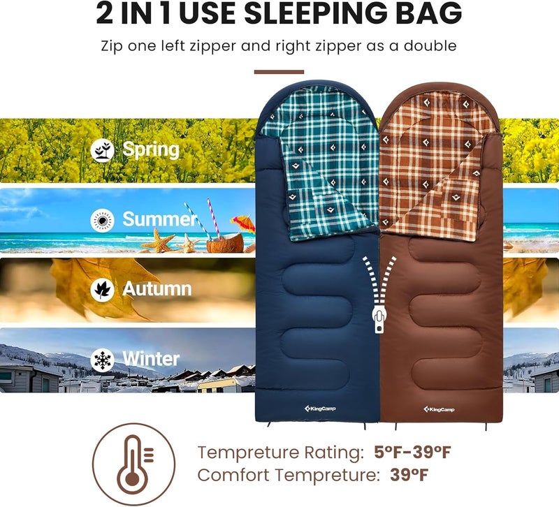 KingCamp كيس نوم كينغ كامب للبالغين، للطقس البارد والدافئ XL كبير وطويل مع حقيبة ضغط، معدات أساسية محمولة مقاومة للماء لرحلات التخييم في الهواء الطلق - Image 3
