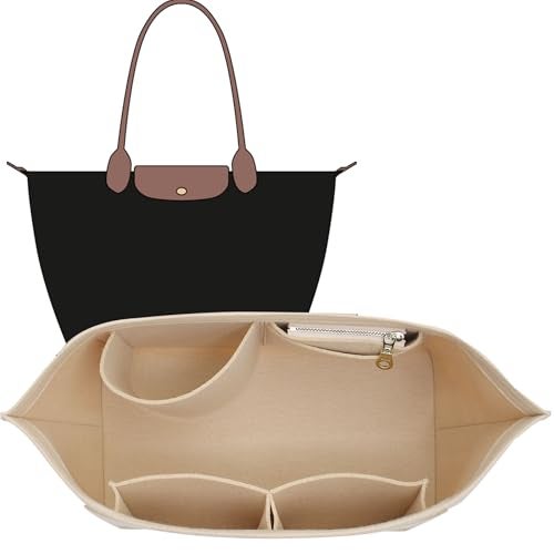 OAikor Felt Purse Organizer Insert Compatible with Longchamp Le Plaige M Tote Bag Zipper Long Champ Medium Organizer with Cup Holder 8 Compartments Bag InsertBeigeM - Image 1