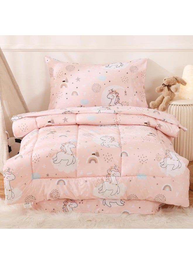 JSD JSD Pink Unicorn Toddler Bedding Set, 4 Piece Bed-in-a-Bag Toddler Microfiber Comforter Sheet Set, All Season Machine Washable  - Image 1