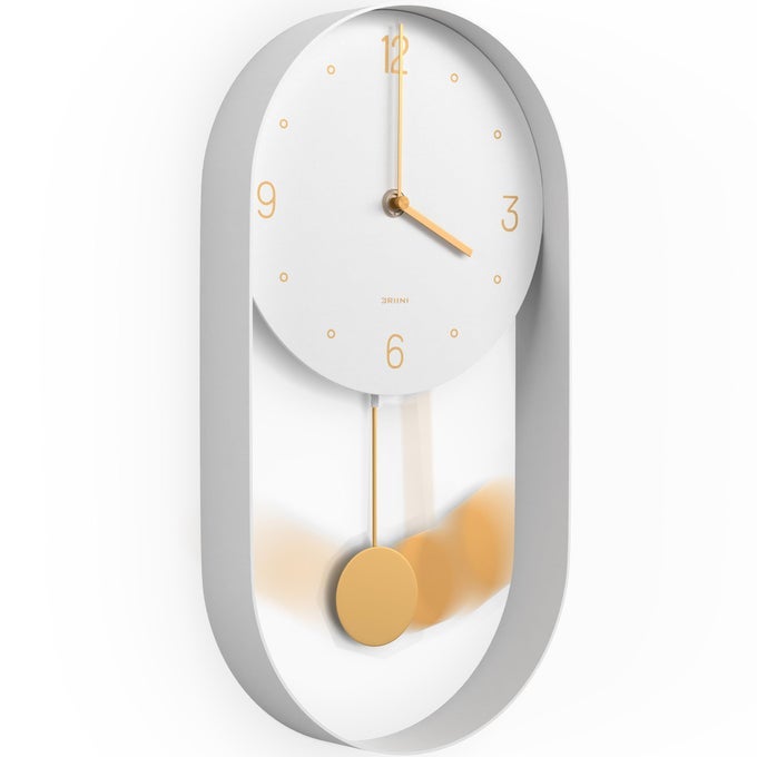 MODERN PENDULUM WALL CLOCK DECORATIVE AND UNIQUE METAL FRAME WITH 8 INCH FACE CONTEMPORARY MINIMALIST DESIGN WITH SILENT NON TICKING OPERATION INCLUDES BOTH WHITE AND GOLD PENDELUM