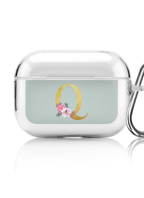 Classic Clear printed Case for Apple Airpods Pro Soft TPU Gel Thin Transparent Flexible Cover - Custom Monogram Initial Letter Floral Pattern Alphabet - Q ( Light Green )