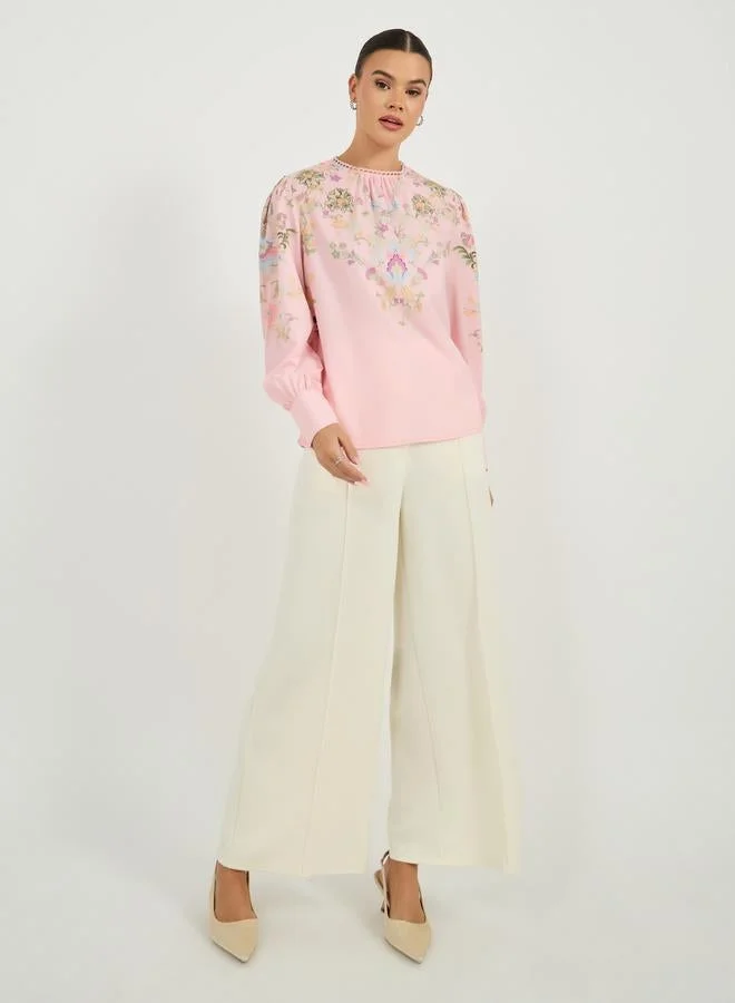 Styli Regular Fit Round Neck Blouse With Placement Print Detail