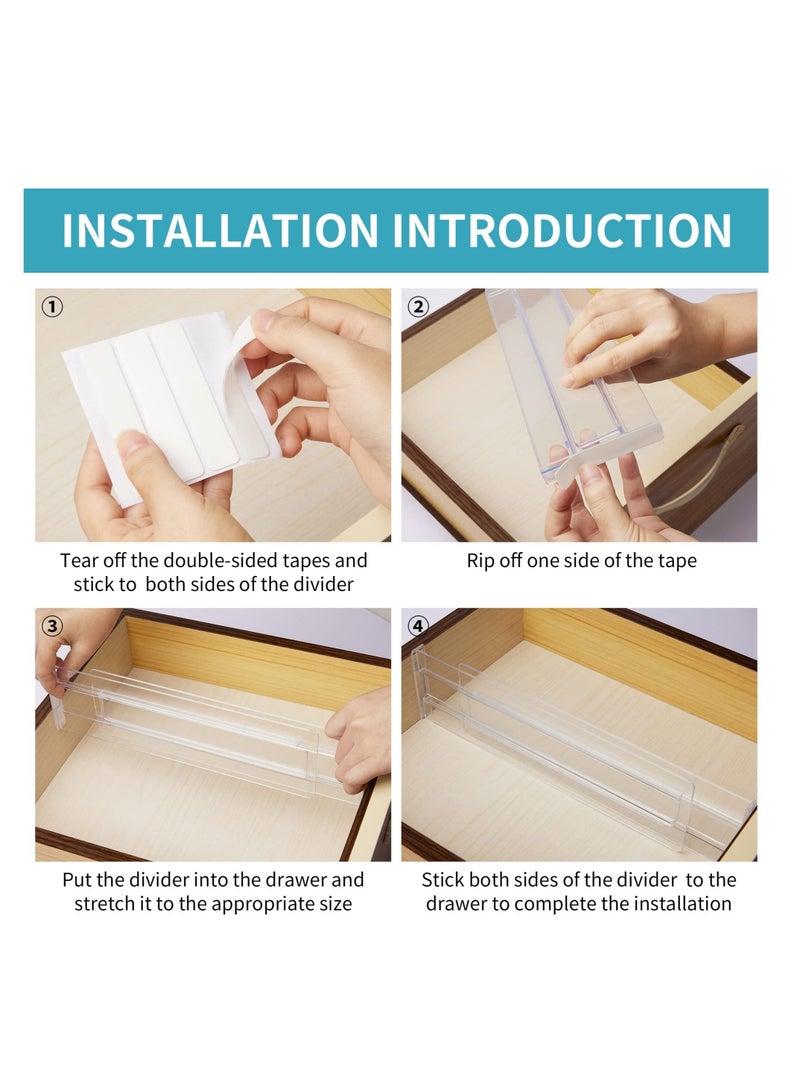 SYOSI Drawer Dividers Organizers 4 Pack,Adjustable 3.2" High Expandable from 12.2-21.7" Kitchen Organizer, Clear Plastic Drawers Separators for Clothing, Utensils and Office Storage - Image 2