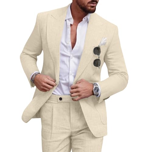 Diaryan Linen Men's Suit Casual Tuxedo 2 Piece Regular Fit Champagne Blazer One Button Solid Jacket Pants for Party Wedding L - Image 1