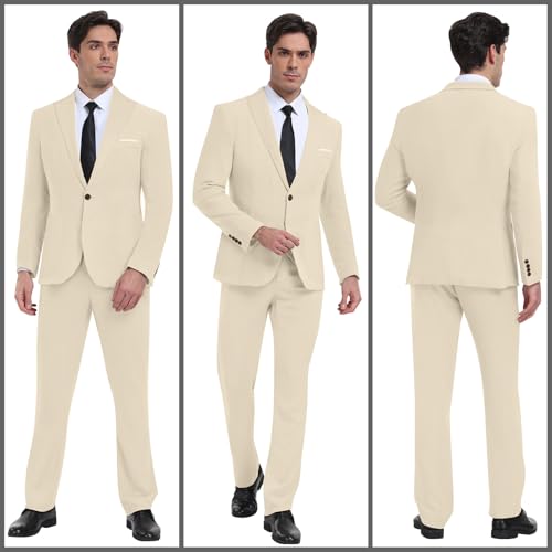 Diaryan Linen Men's Suit Casual Tuxedo 2 Piece Regular Fit Champagne Blazer One Button Solid Jacket Pants for Party Wedding L - Image 2