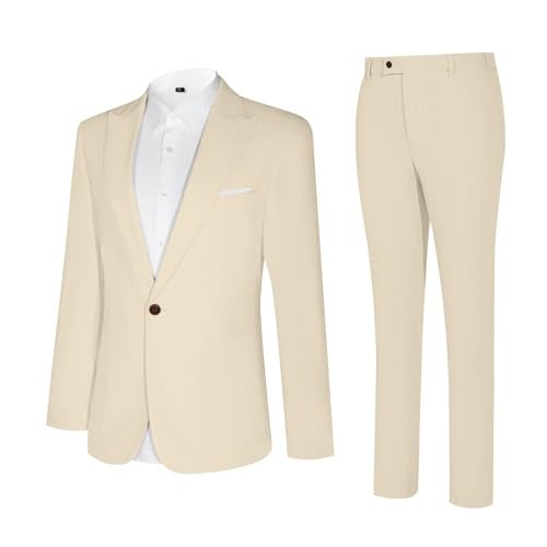 Diaryan Linen Men's Suit Casual Tuxedo 2 Piece Regular Fit Champagne Blazer One Button Solid Jacket Pants for Party Wedding L - Image 3