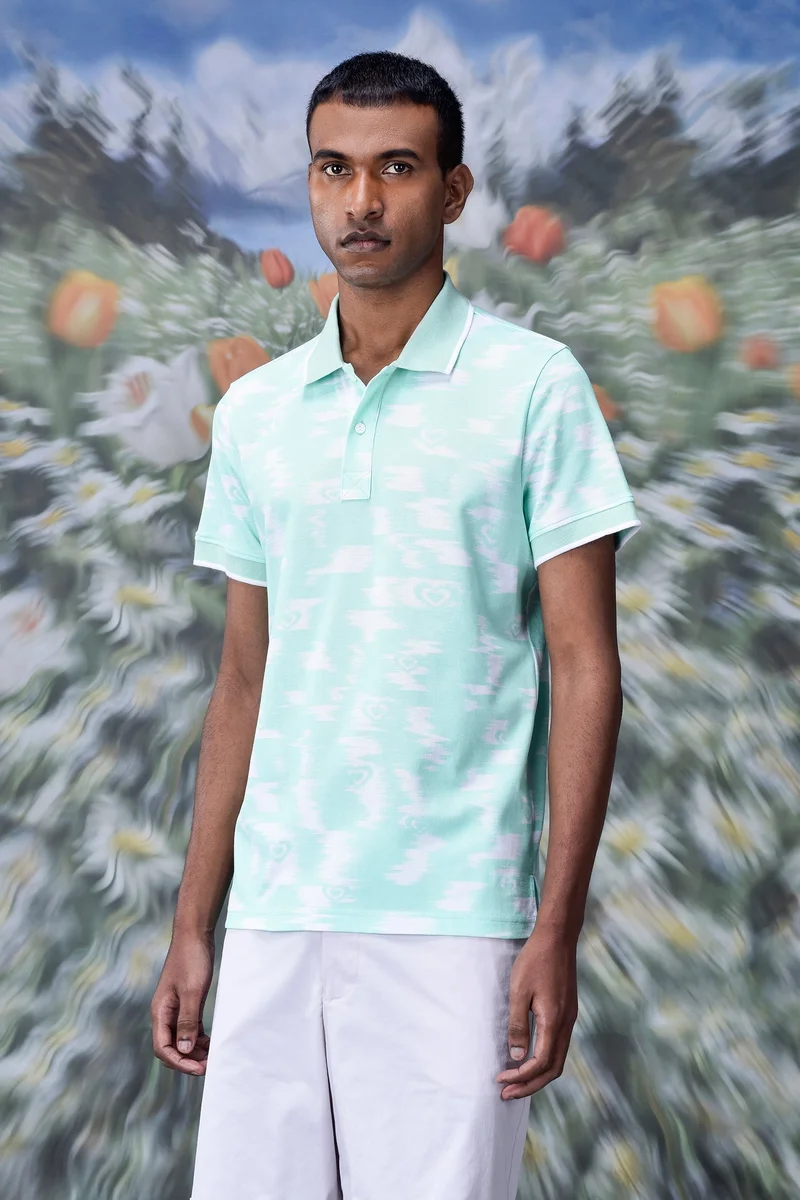 Genes Lecoanet Hemant Ikkat Print Polo- Nile Green