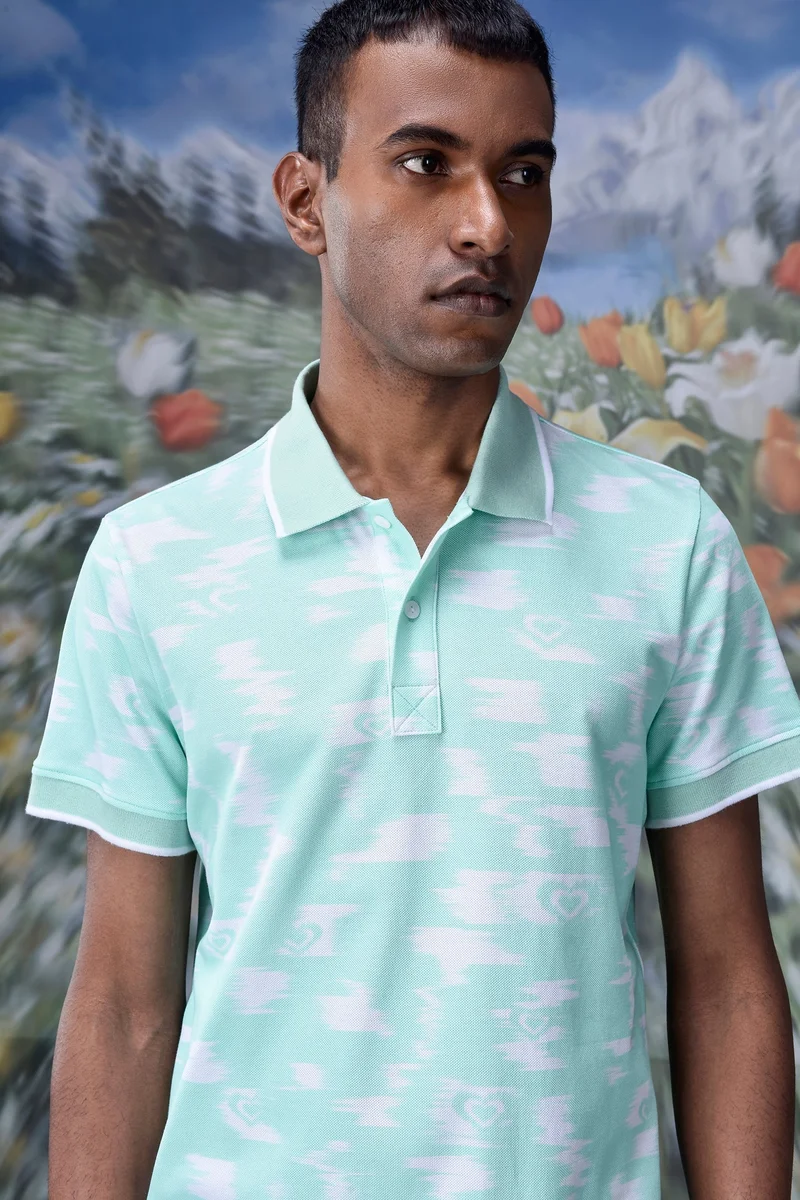 Genes Lecoanet Hemant Ikkat Print Polo- Nile Green