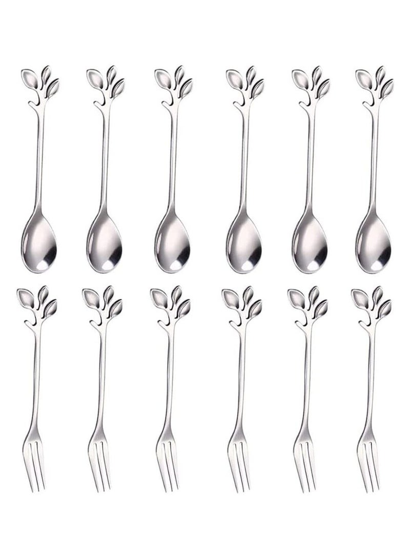 SYOSI Coffee Tea Spoon, 12 Pieces Stainless Steel Dessert Tea Sugar Spoons, Stainless Steel Tea Fork, Appetizer Dessert Forks, Including 6 Spoons and 6 Forks, for Kitchen Tea Parties Coffee Shops - Image 1