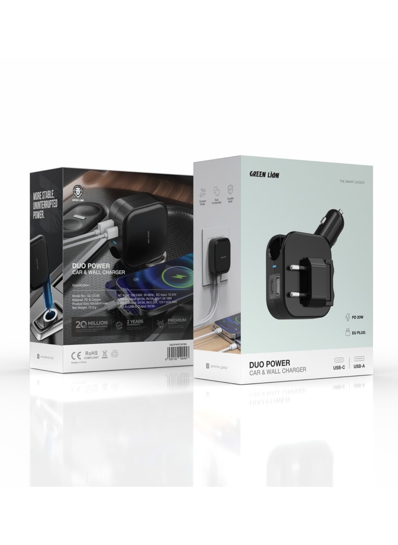 GREEN LION - Duo Power Car & Wall Charger EU PLUG 20W Power Delivery Fast Charging Universal Compatibility / USB-A Port / USB-C Port / Durable Build / Dual Functionality / Compact Design - Black - Image 1