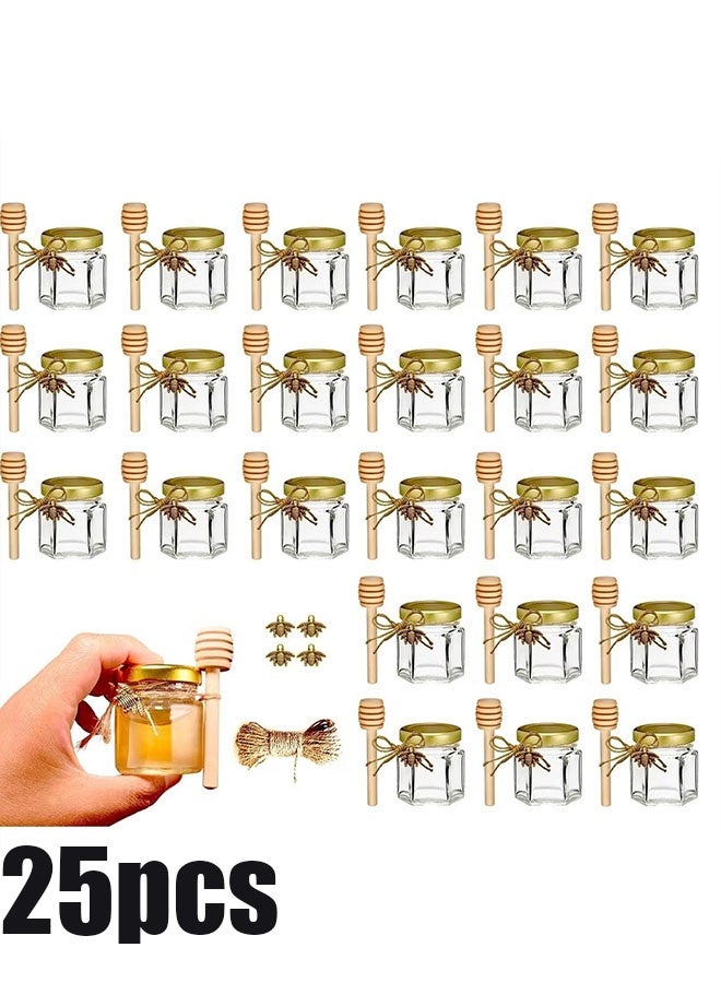 Ailily 25Pack Mini Glass Honey Jars - Hexagon Little Glass Honey Jar with Gold Lids, Wooden Dippers, Bee Charms and Twine - Small Honey Jars for Wedding Favors, Party Favors - Image 1