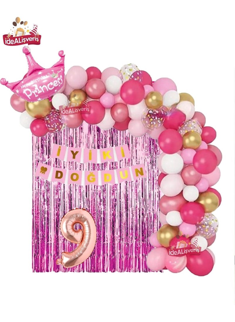 Store Pink White Concept 9 Years Old Queen Crown Birthday Balloon Chain Set 