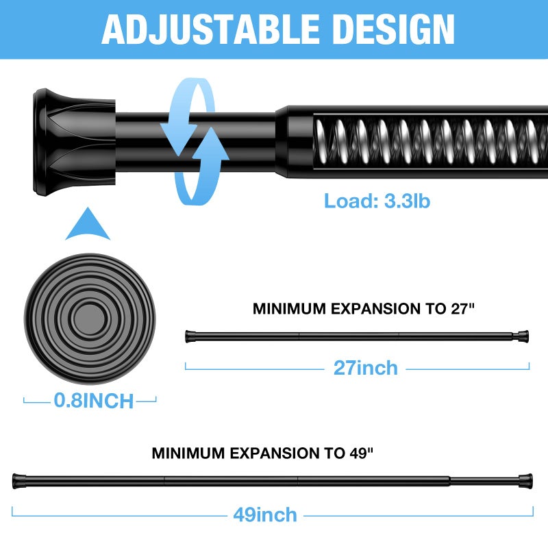 QINGYUN 2 Pack Spring Tension Rods 28-43 Inches,5/8" Diameter Black Spring Load Adjustable Expandable,Small Short Tension Curtain Rod for Windows,Kitchen,Doorway,Bathroom,Cupboard Bars - Image 2