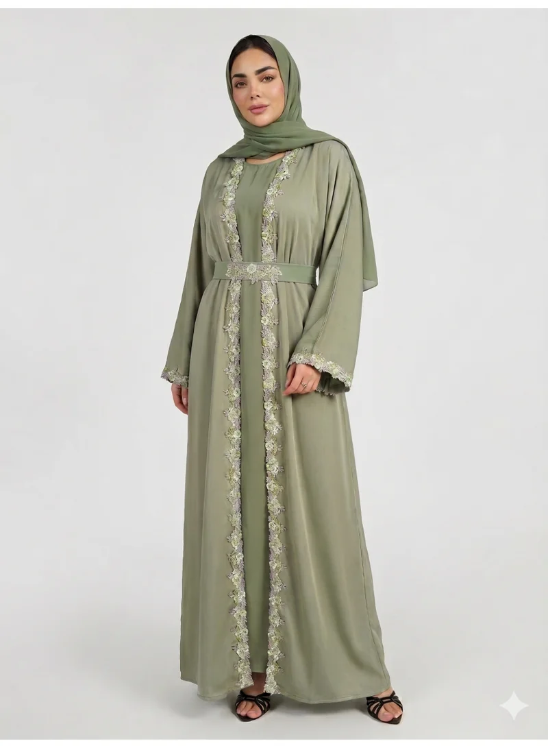 عباءات ريم Lace Detail Abaya with Inner Dress and Matching Sheila
