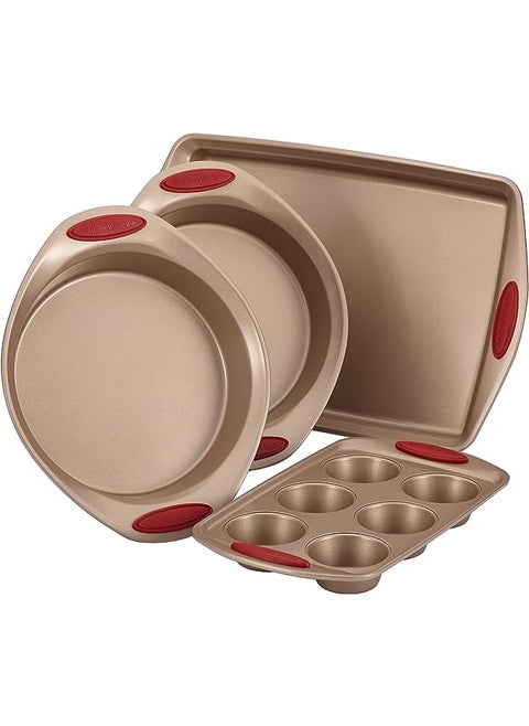 Ray Cucina Bakeware Set Includes Nonstick Cake Cookie Baking Sheet and Muffin Cupcake Pan, 4 Piece, Latte Brown with Cranberry Red Grips