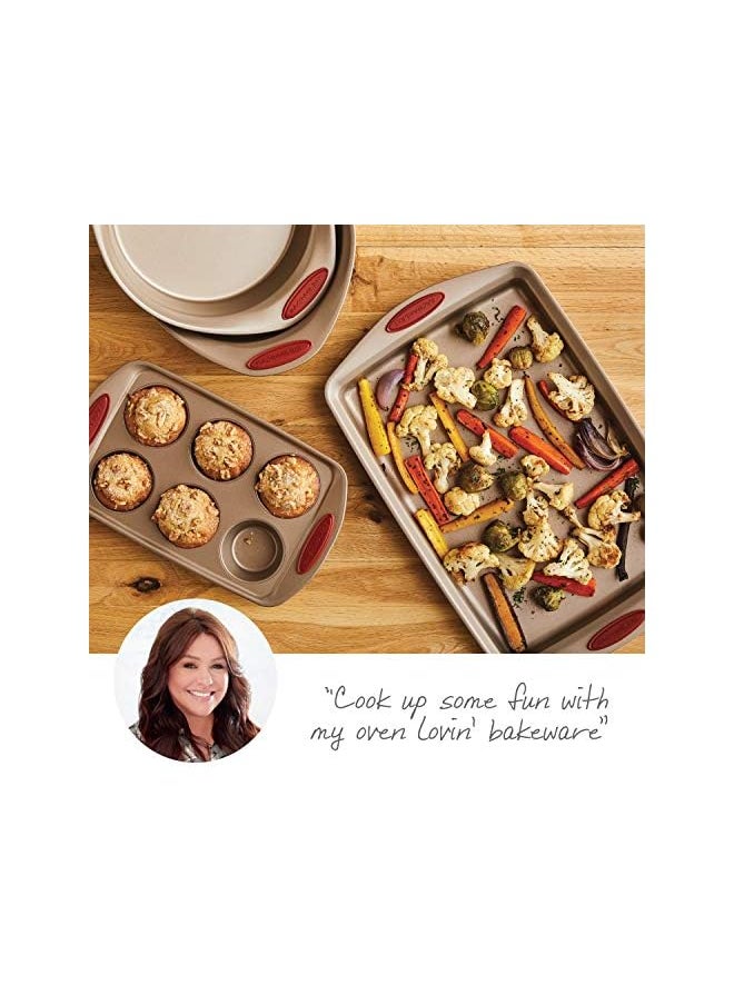 Rachael Ray - Ray Cucina Bakeware Set Includes Nonstick Cake Cookie Baking Sheet and Muffin Cupcake Pan, 4 Piece, Latte Brown with Cranberry Red Grips - Image 1