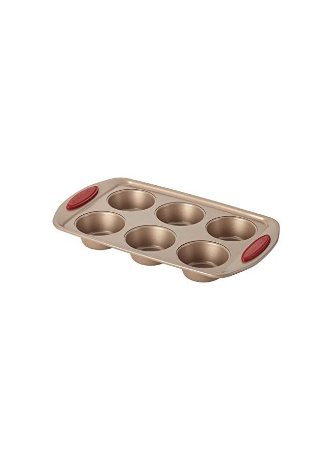 Rachael Ray - Ray Cucina Bakeware Set Includes Nonstick Cake Cookie Baking Sheet and Muffin Cupcake Pan, 4 Piece, Latte Brown with Cranberry Red Grips - Image 1