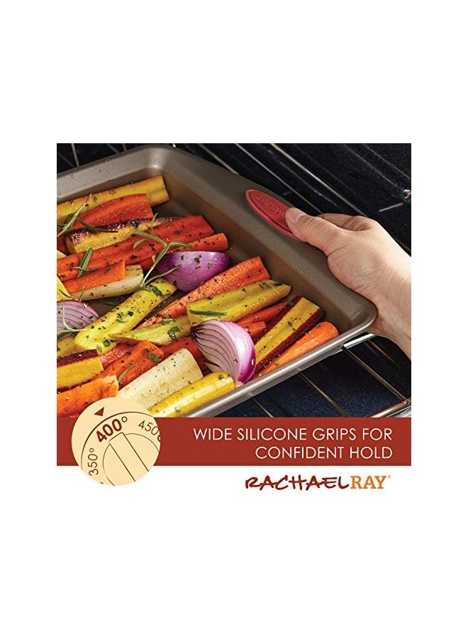 Rachael Ray - Ray Cucina Bakeware Set Includes Nonstick Cake Cookie Baking Sheet and Muffin Cupcake Pan, 4 Piece, Latte Brown with Cranberry Red Grips - Image 1
