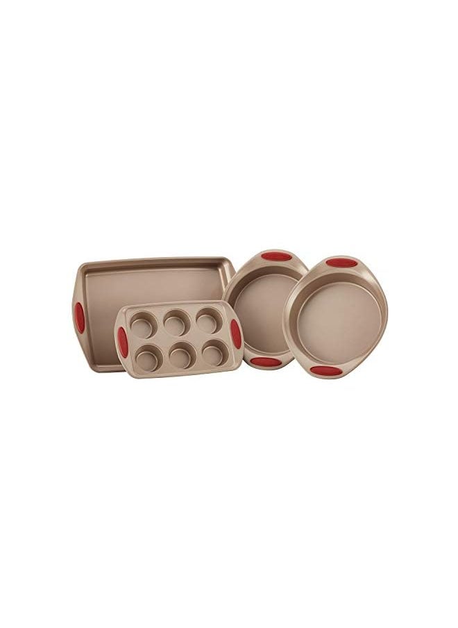 Rachael Ray - Ray Cucina Bakeware Set Includes Nonstick Cake Cookie Baking Sheet and Muffin Cupcake Pan, 4 Piece, Latte Brown with Cranberry Red Grips - Image 1