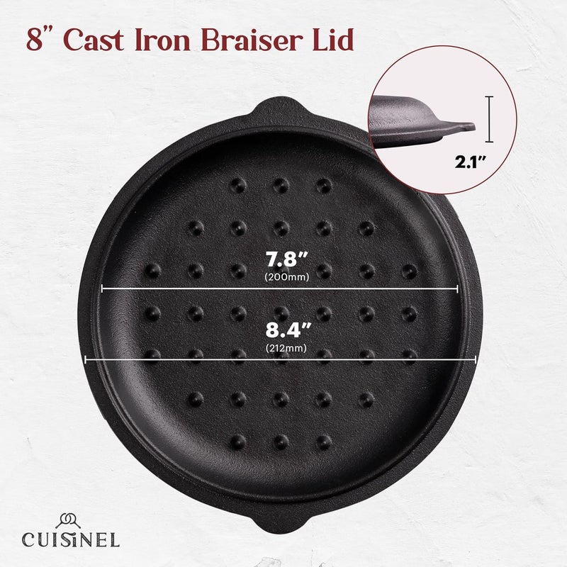 Cuisinel Cast Iron Lid - Fits 8"-Inch / 20.32cm Lodge Skillet, Frying Pans or Braiser + Silicone Handle Holder + Care Guide - Pre-Seasoned Replacement Cover - Indoor/Outdoor, Oven, Open Fire, BBQ Safe - Image 2