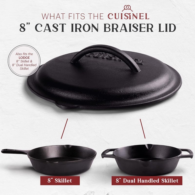 Cuisinel Cast Iron Lid - Fits 8"-Inch / 20.32cm Lodge Skillet, Frying Pans or Braiser + Silicone Handle Holder + Care Guide - Pre-Seasoned Replacement Cover - Indoor/Outdoor, Oven, Open Fire, BBQ Safe - Image 5