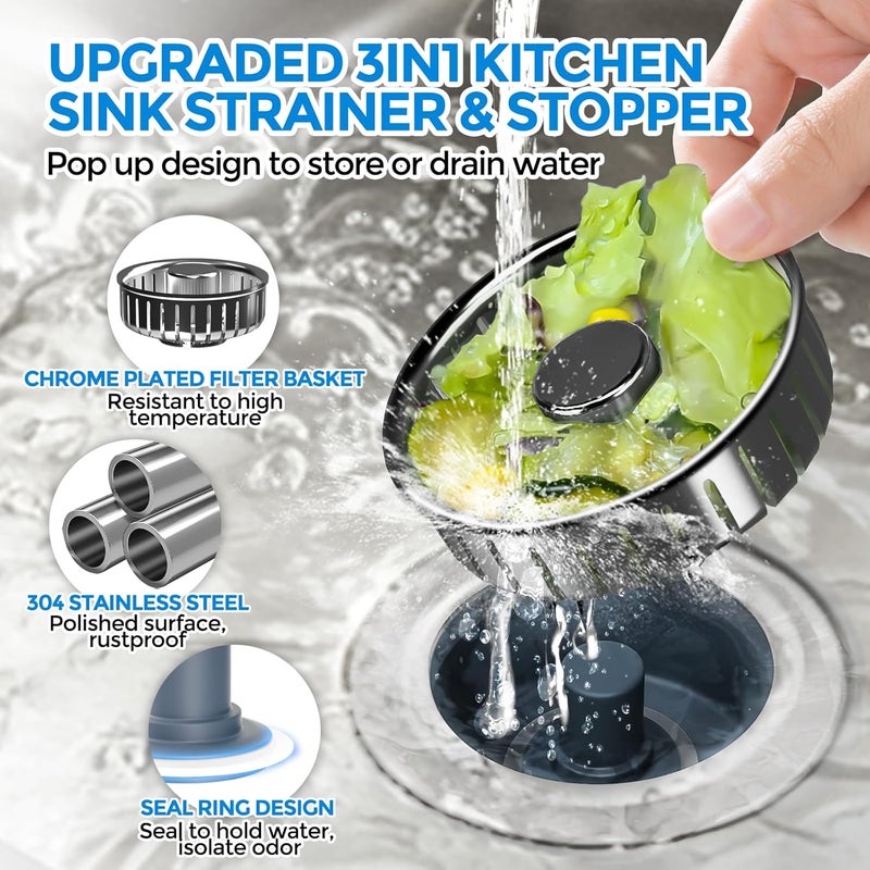 zaa Upgraded 3in1 Kitchen Sink Drain Strainer & Sink Stopper, 304 Stainless Steel Sink Drain Basket & Sink Protector for Kitchen with Anti-Clog Filter, Fit US Standard 3-1/2'' Sink Drain Hole, Gray - Image 2