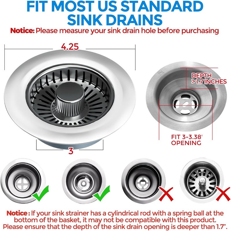 zaa Upgraded 3in1 Kitchen Sink Drain Strainer & Sink Stopper, 304 Stainless Steel Sink Drain Basket & Sink Protector for Kitchen with Anti-Clog Filter, Fit US Standard 3-1/2'' Sink Drain Hole, Gray - Image 4