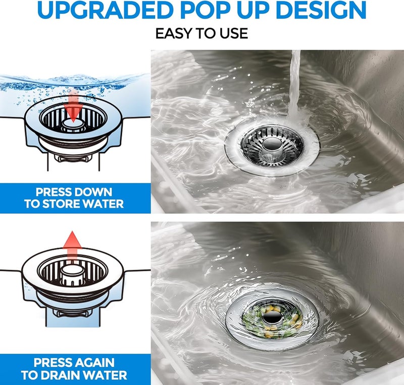 zaa Upgraded 3in1 Kitchen Sink Drain Strainer & Sink Stopper, 304 Stainless Steel Sink Drain Basket & Sink Protector for Kitchen with Anti-Clog Filter, Fit US Standard 3-1/2'' Sink Drain Hole, Gray - Image 3