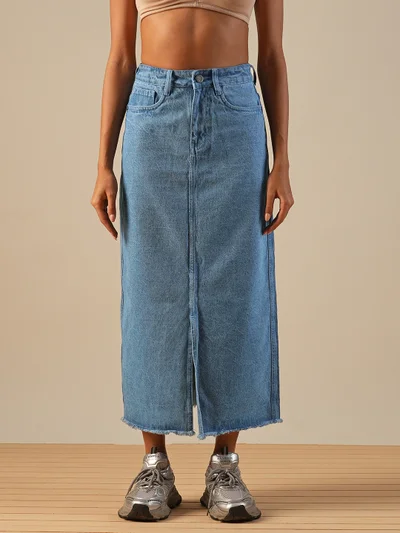 globus Women Mid-Rise Front Slit Fringed Hem Midi Straight Denim Skirt