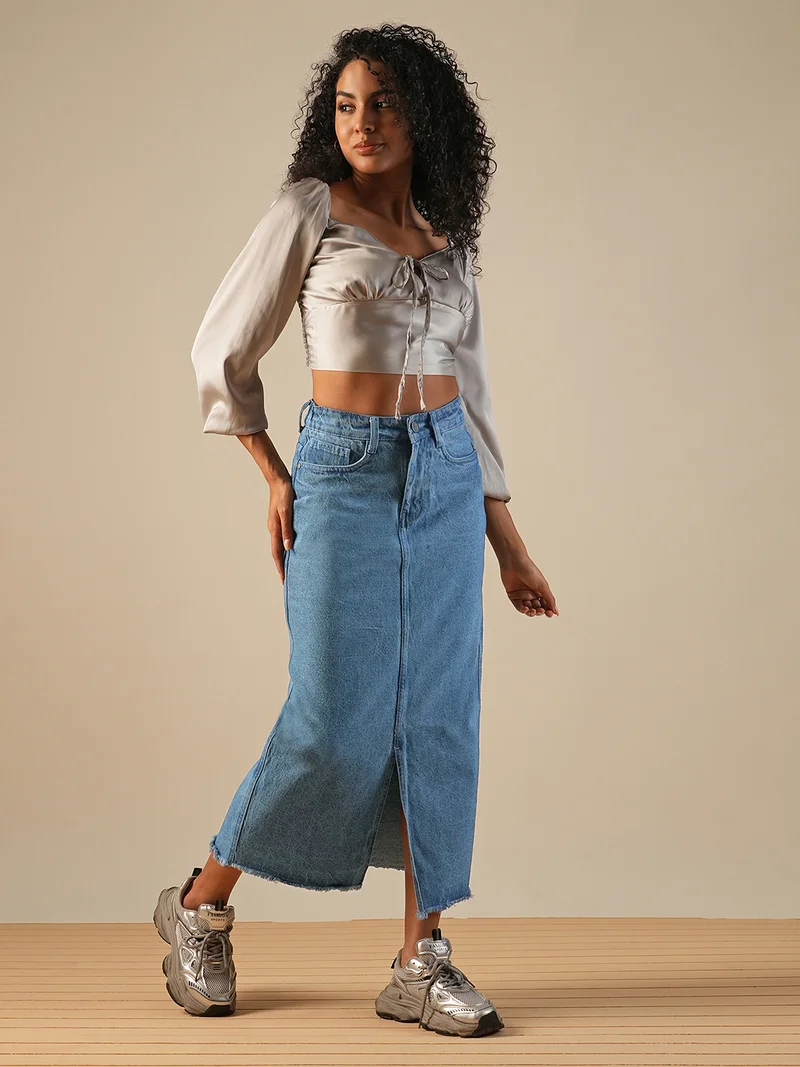 globus Women Mid-Rise Front Slit Fringed Hem Midi Straight Denim Skirt