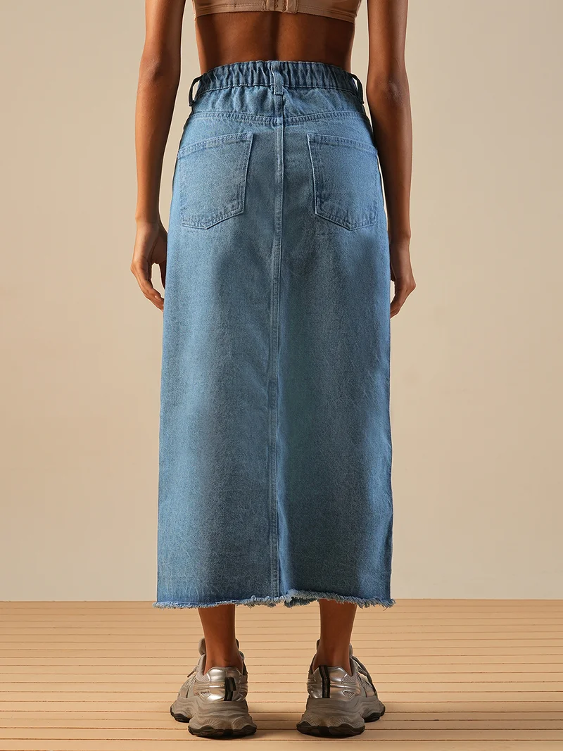 globus Women Mid-Rise Front Slit Fringed Hem Midi Straight Denim Skirt