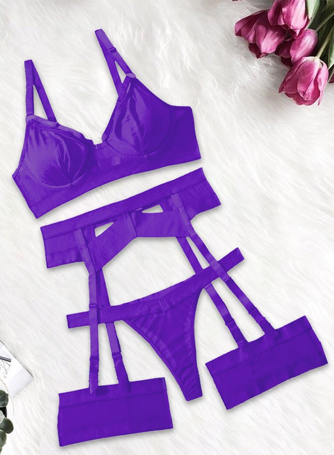 MARGOUN Women Sheer Mesh Garter Lingerie Set Strappy Teddy Babydoll Bra and Panty with Leg Ring 4 Piece Lingerie Set Dark Purple Large - Image 1
