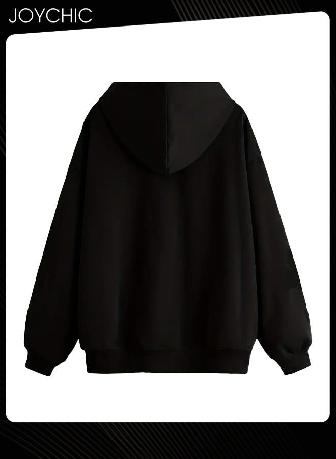Joychic هودي بسحاب بأكمام طويلة بنمط حروف عصري للنساء، دافئ لفصل الخريف والشتاء باللون الأسود - Image 2