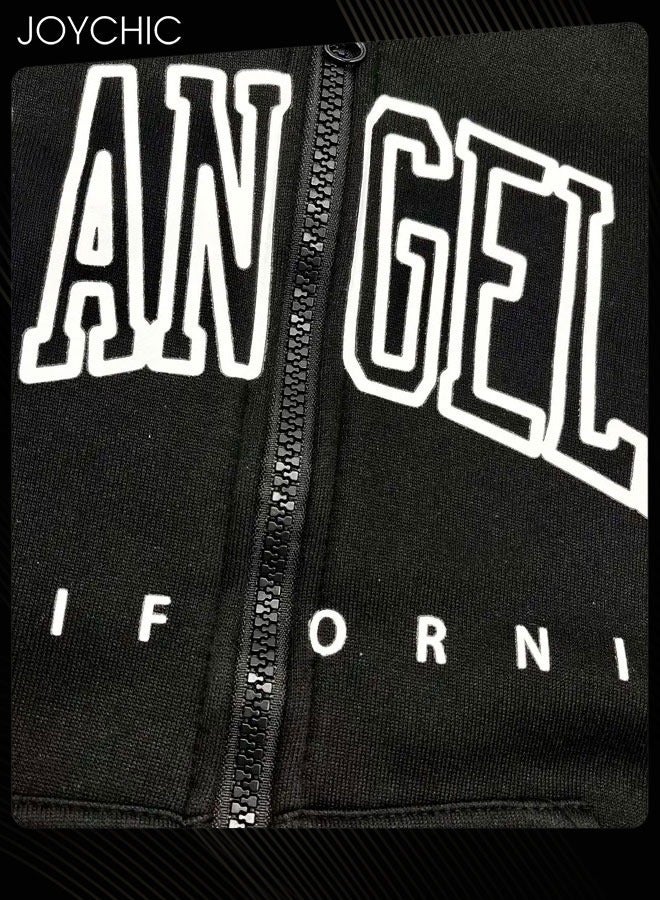 Joychic هودي بسحاب بأكمام طويلة بنمط حروف عصري للنساء، دافئ لفصل الخريف والشتاء باللون الأسود - Image 3