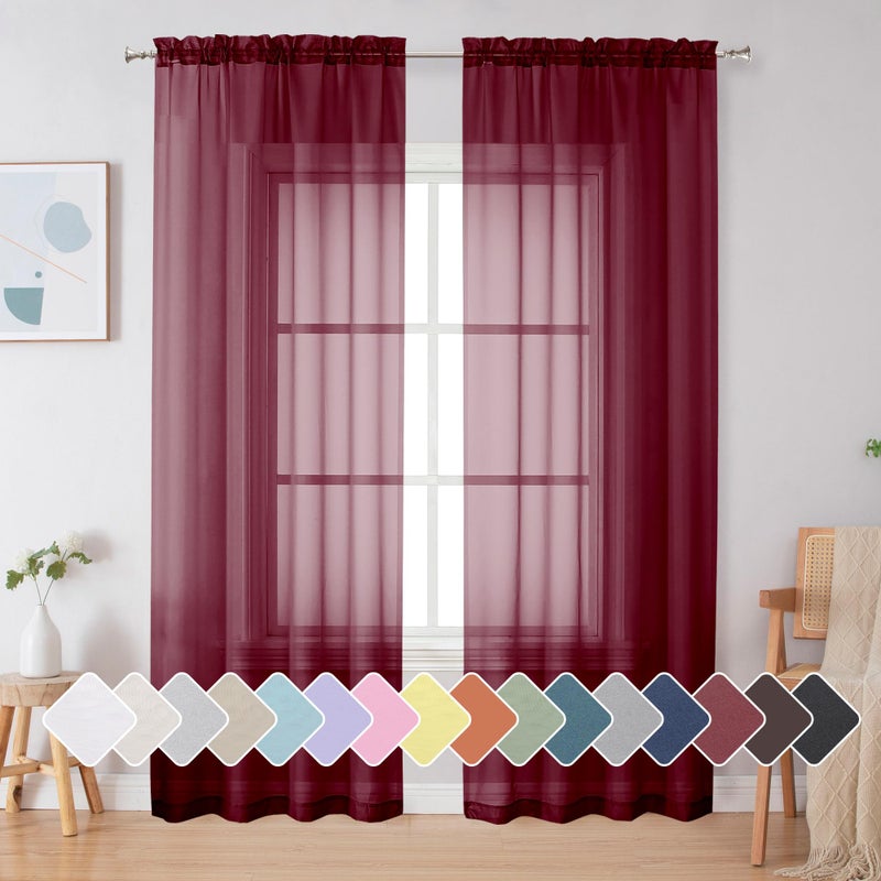 Simplebrand Red Sheer Curtains 84 Inches Long, Light Filtering Rod Pocket Solid Color Window Sheer Curtain Panels, Elegant Curtains & Drapes for Living Room, Bedroom 2 Panels (Burgundy, 42" W x 84" L) - Image 1