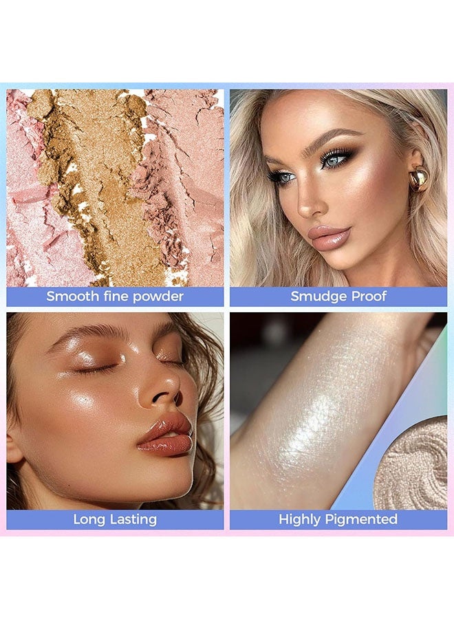 سمادو هايلايتر، 4 ألوان هايلايتر لامع، لوحة مكياج هايلايتر، مسحوق هايلايتر، هايلايتر لامع باللون الأبيض، الوردي، الشمبانيا، والذهبي، لمعان مكياج الوجه # 02 - Image 5