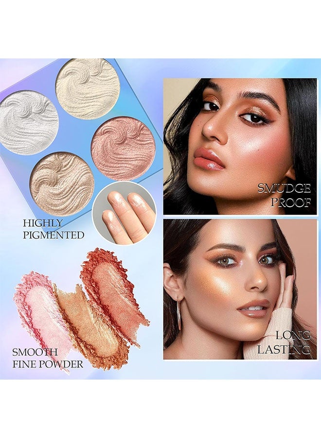 سمادو هايلايتر، 4 ألوان هايلايتر لامع، لوحة مكياج هايلايتر، مسحوق هايلايتر، هايلايتر لامع باللون الأبيض، الوردي، الشمبانيا، والذهبي، لمعان مكياج الوجه # 02 - Image 4