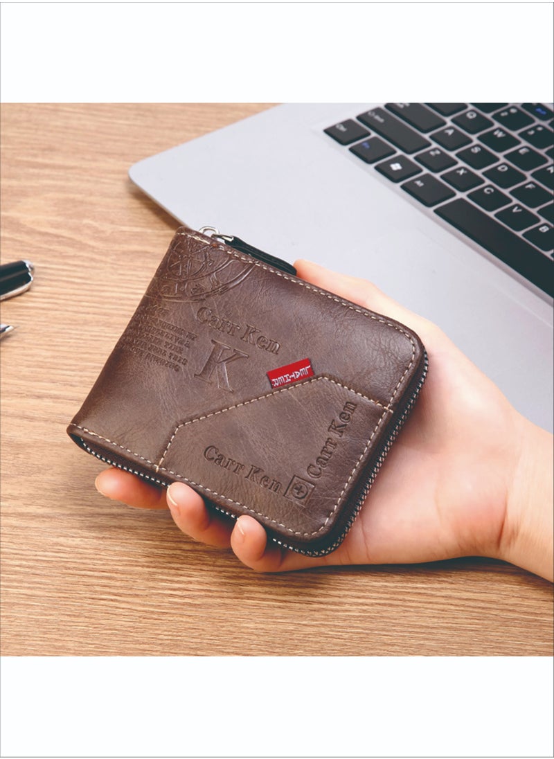 CarrKen Men's Short Retro Horizontal Style Comfortable Mini Wallet Driver's Document Bag Combining Pickup Card Bag Zipper Coin Purse Light Coffee Color  - Image 1