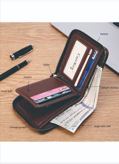 CarrKen Men's Short Retro Horizontal Style Comfortable Mini Wallet Driver's Document Bag Combining Pickup Card Bag Zipper Coin Purse Light Coffee Color  - Image 3