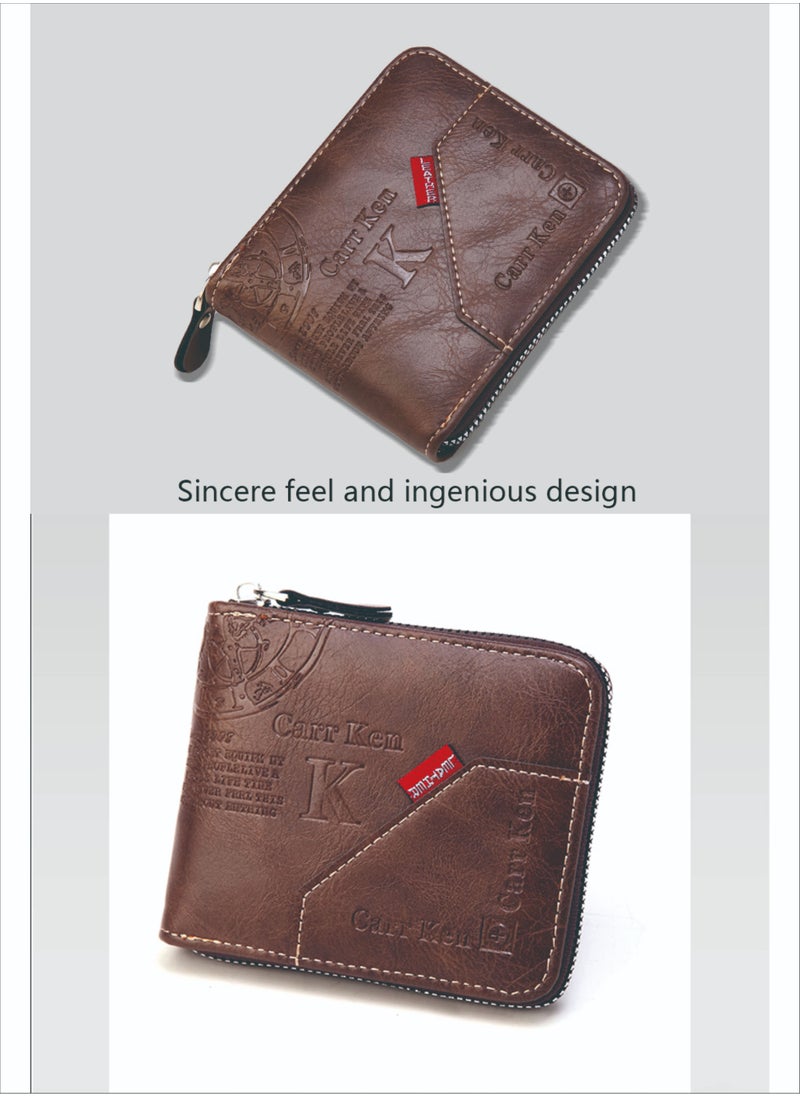 CarrKen - Men's Short Retro Horizontal Style Comfortable Mini Wallet Driver's Document Bag Combining Pickup Card Bag Zipper Coin Purse Light Coffee Color - Image 1