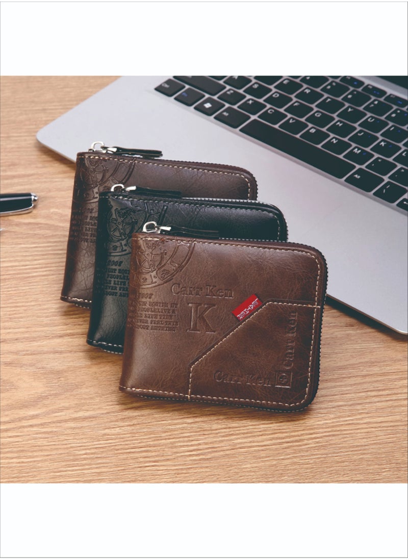 CarrKen - Men's Short Retro Horizontal Style Comfortable Mini Wallet Driver's Document Bag Combining Pickup Card Bag Zipper Coin Purse Light Coffee Color - Image 1