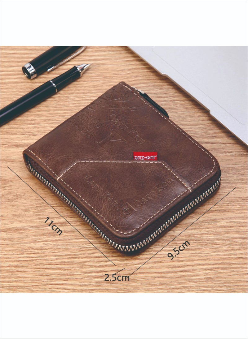 CarrKen - Men's Short Retro Horizontal Style Comfortable Mini Wallet Driver's Document Bag Combining Pickup Card Bag Zipper Coin Purse Light Coffee Color - Image 1